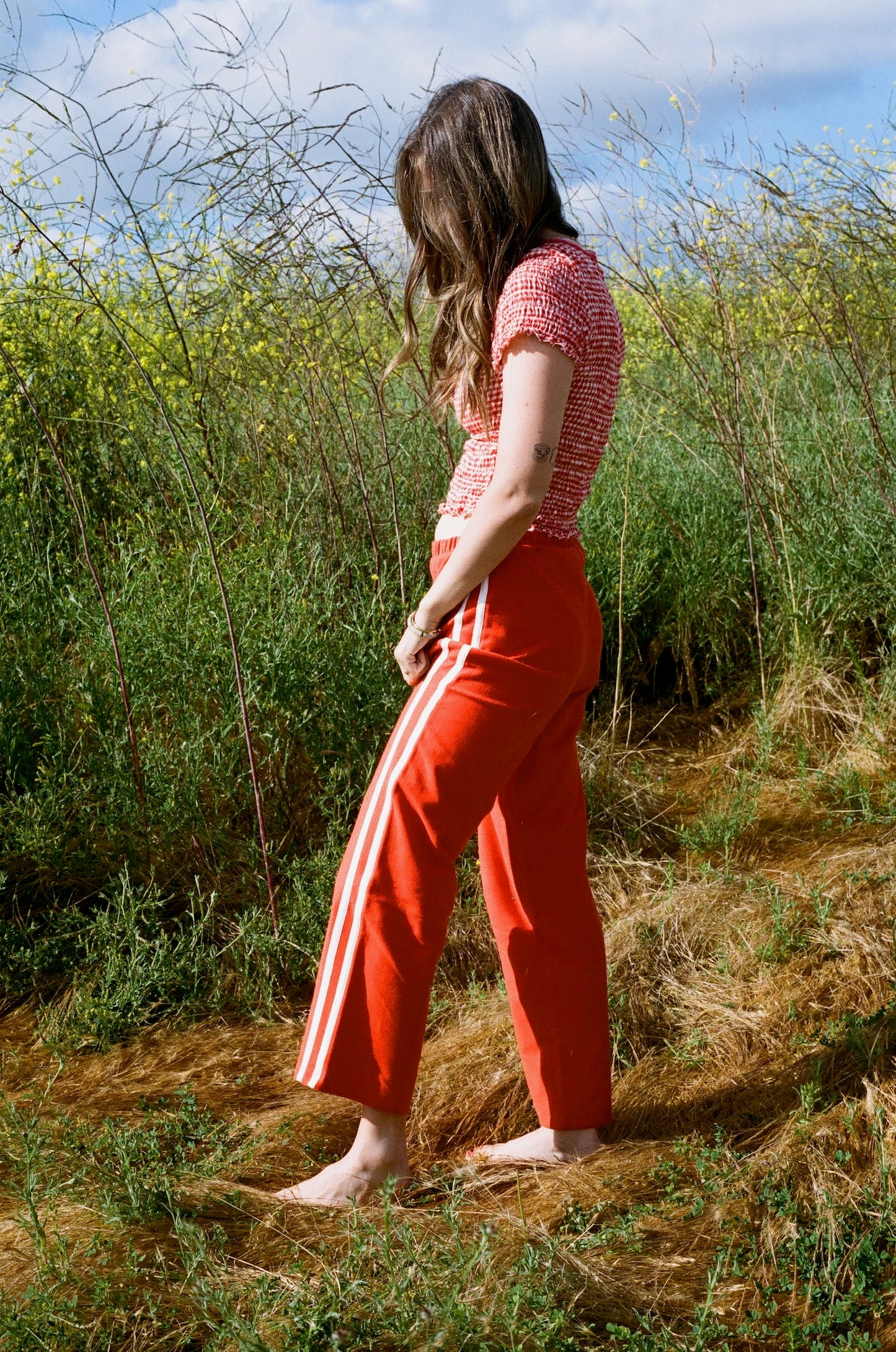 Organic Stripe Pants in Poppy