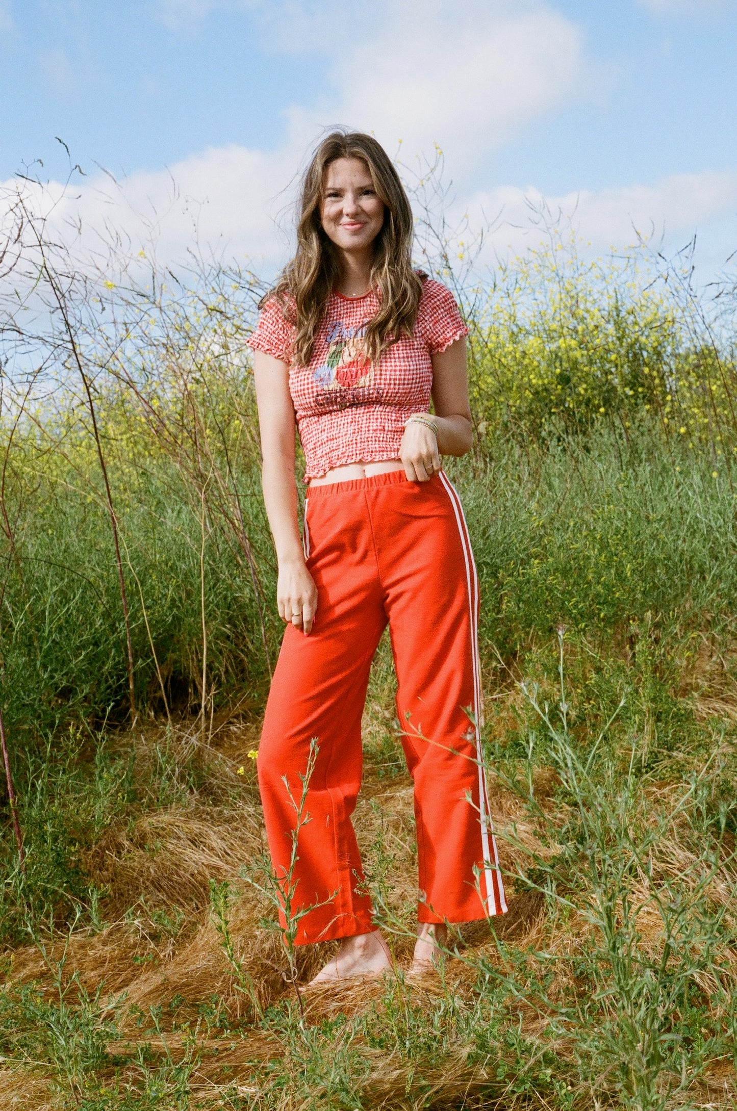 Organic Stripe Pants in Poppy