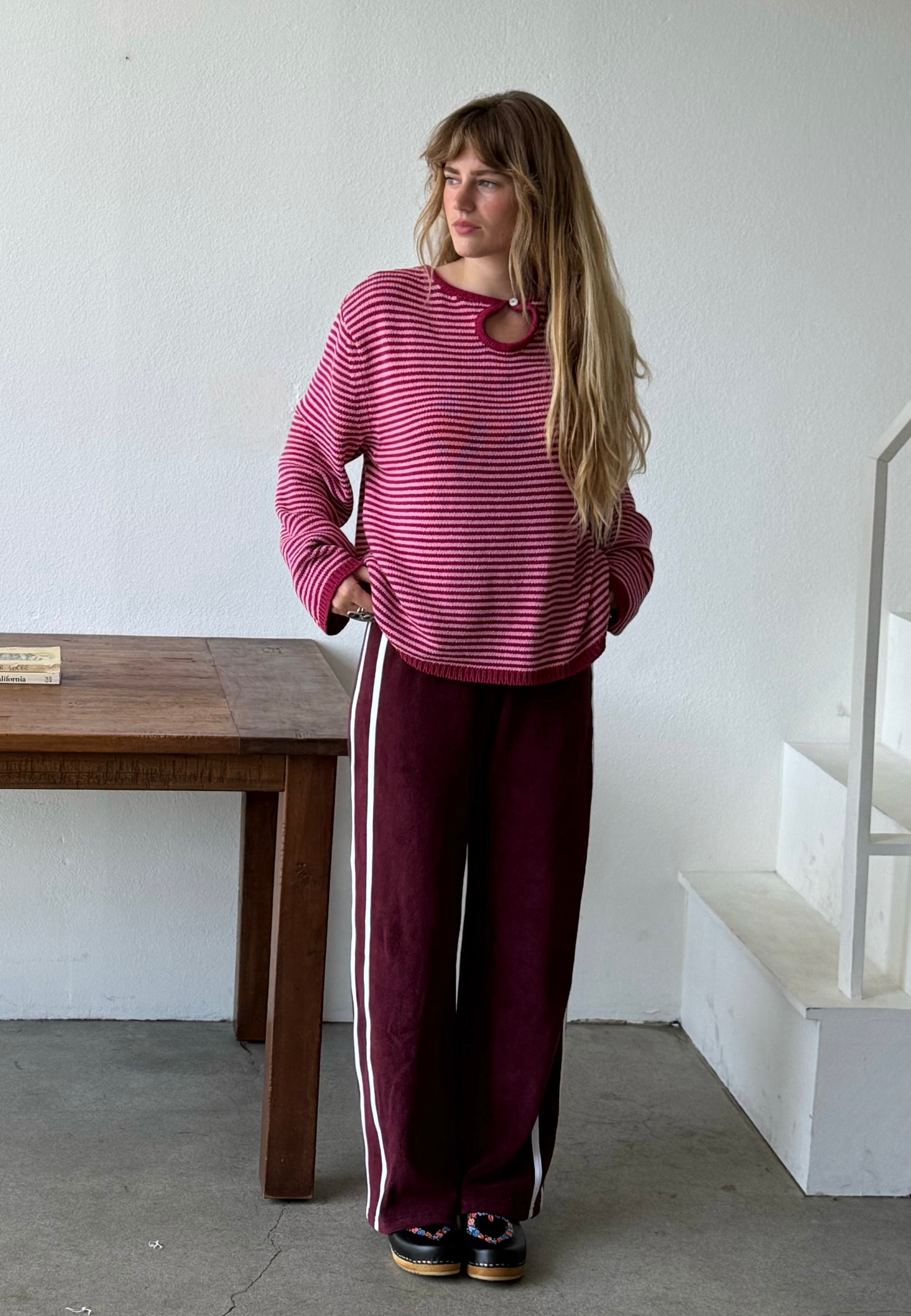 Organic Stripe Pants in Merlot