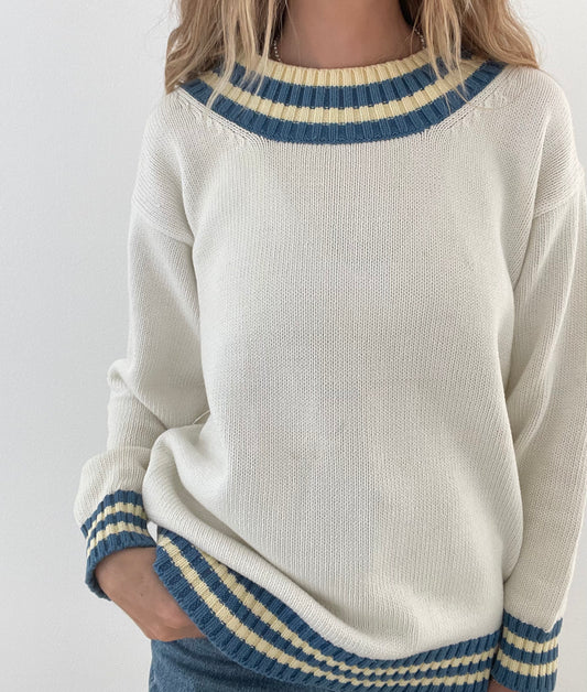 Vintage Cotton Sweater with Stripe Detailing