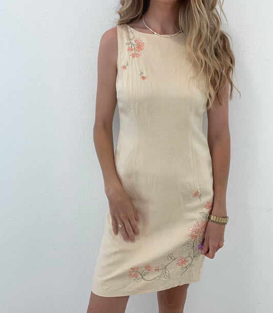 Linen-Silk Embroidered Shift Dress