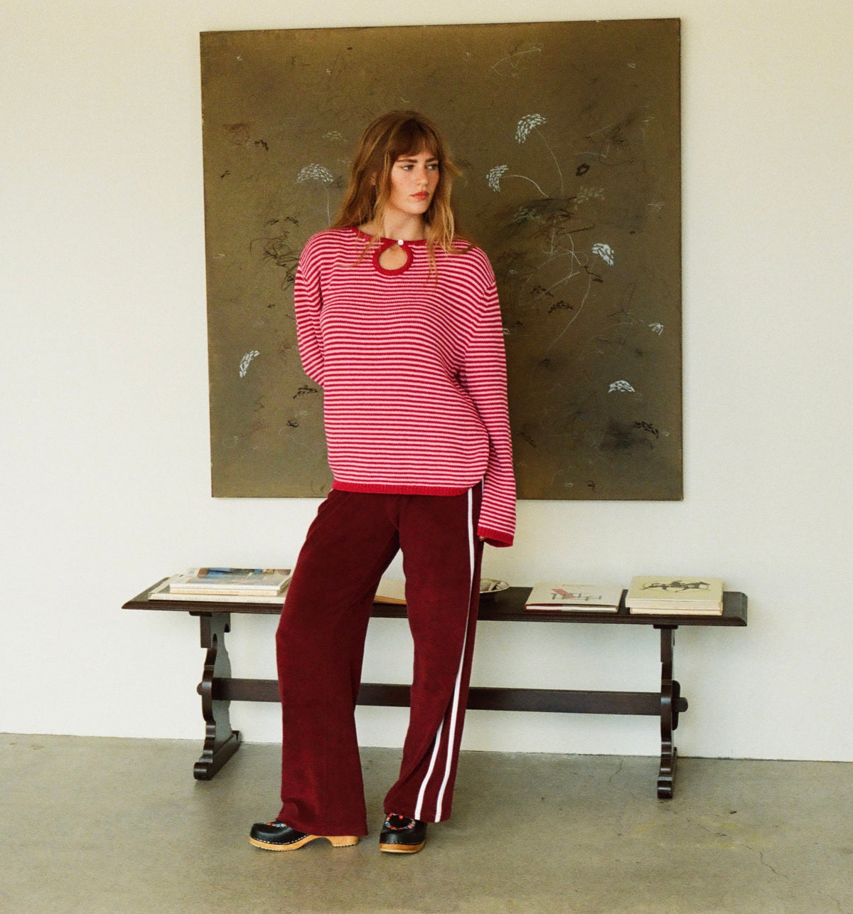 Organic Stripe Pants in Merlot